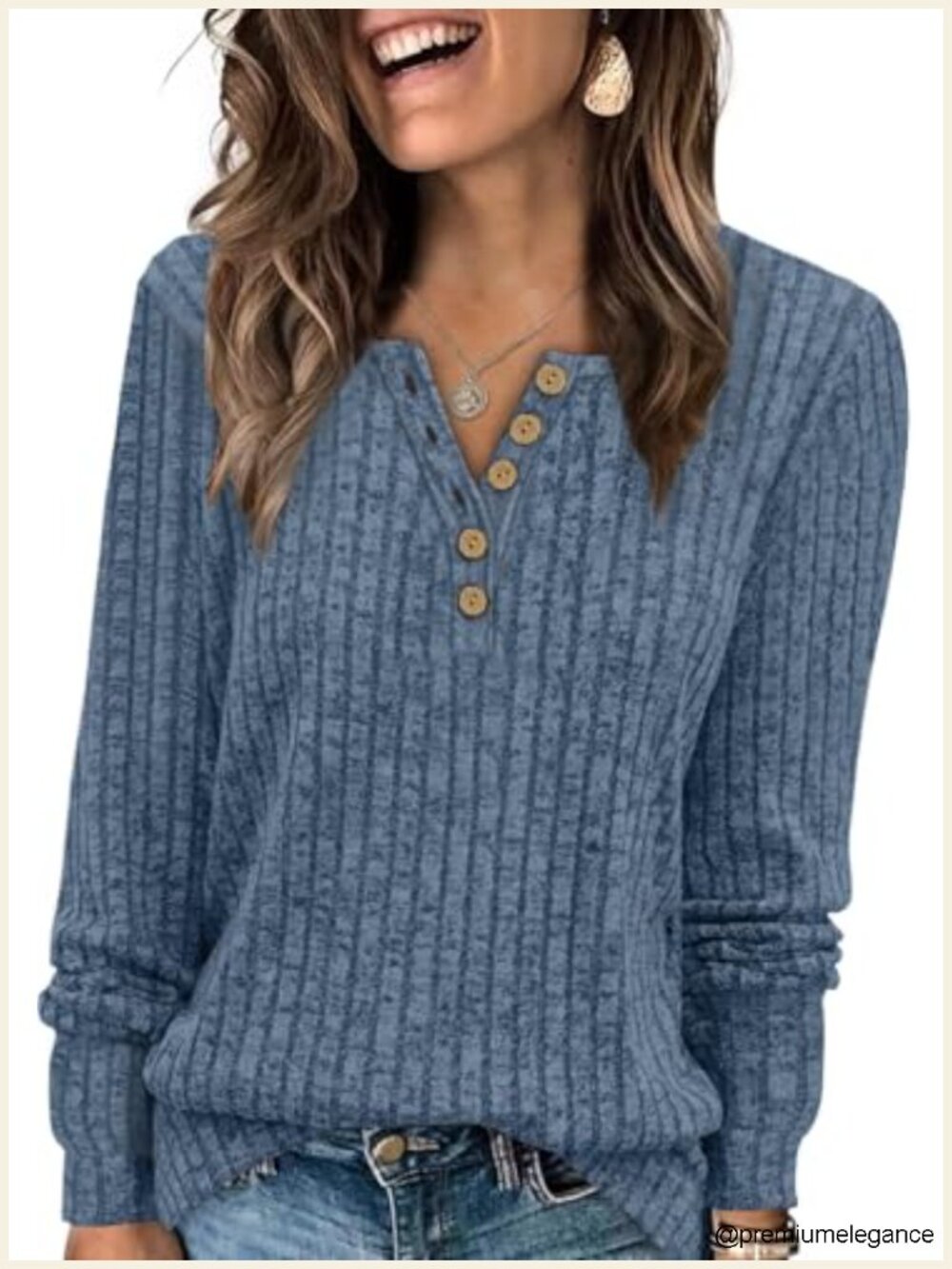 Women's Ribbed Knit Henley Sweater V-Neck Button Pullover Long Sleeve Tops